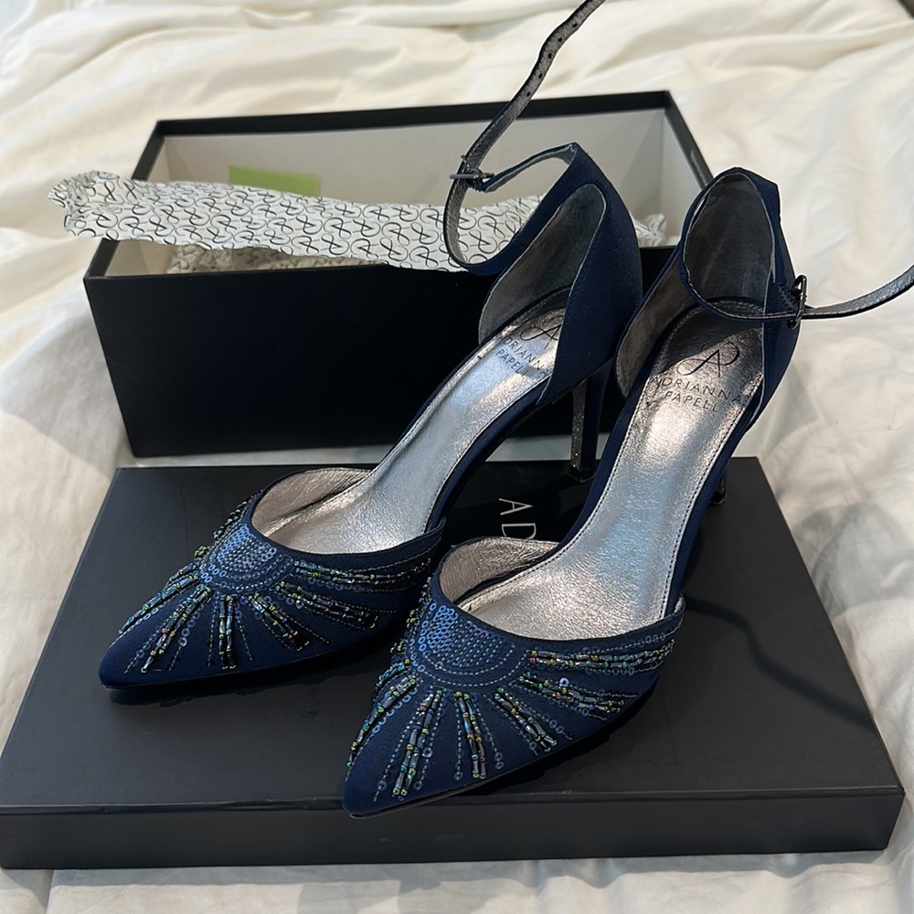 Adrianna Papell dark blue ankle strap pumps